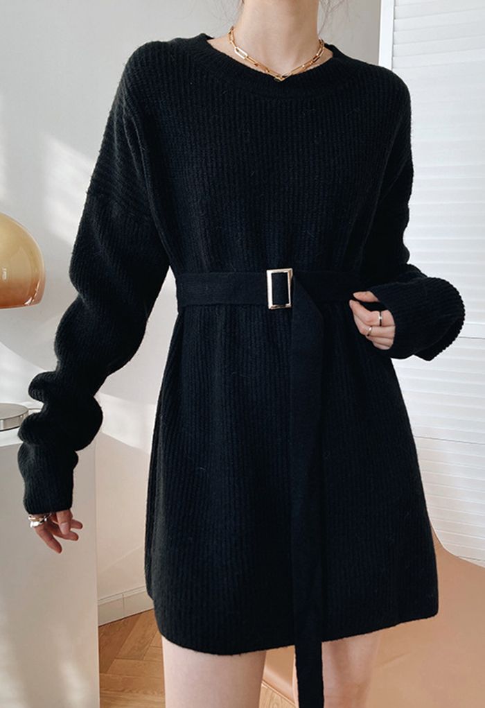 Belted Ribbed Longline Sweater in Black