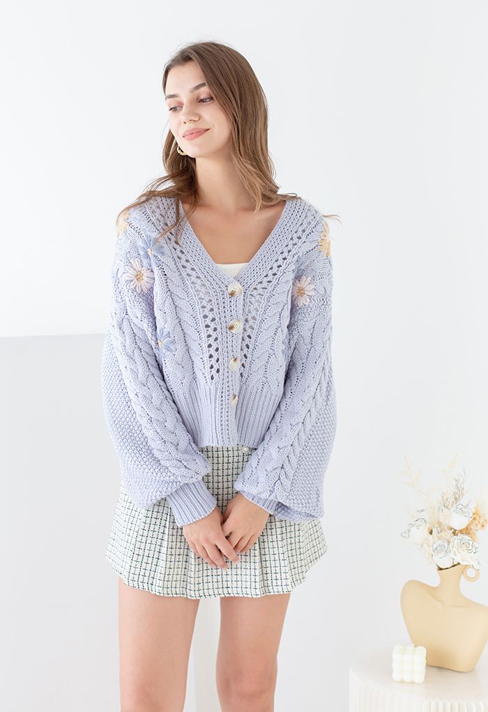 Stitched Flowers Braided Hand Knit Cardigan in Light Blue
