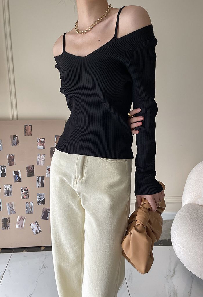 Cold-Shoulder Long Sleeve Knit Top in Black