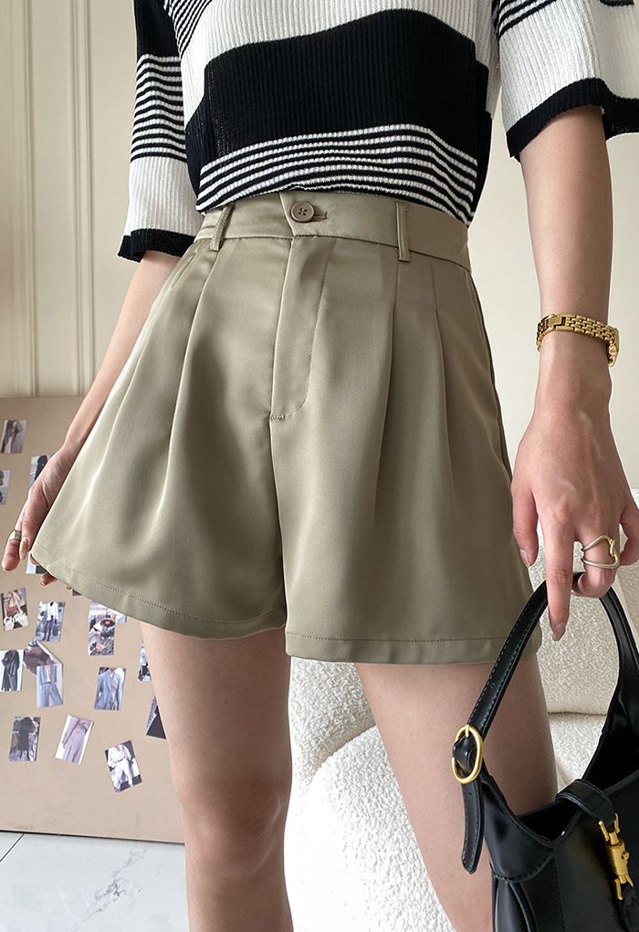 Classic Side Pocket Satin Shorts in Moss Green