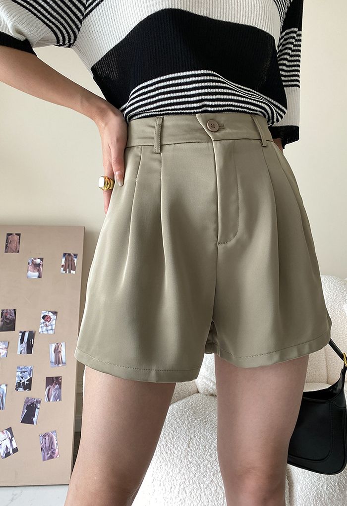 Classic Side Pocket Satin Shorts in Moss Green