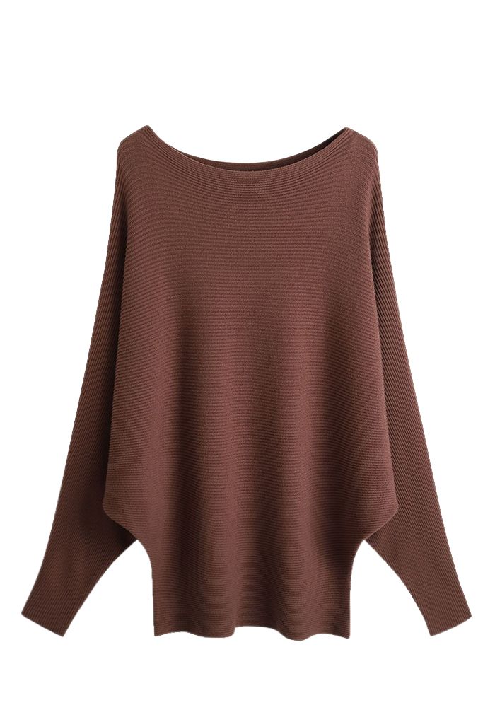 Boat Neck Batwing Sleeves Knit Top in Brown