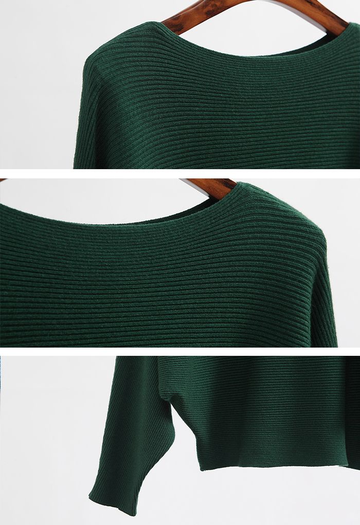 Boat Neck Batwing Sleeves Knit Top in Dark Green