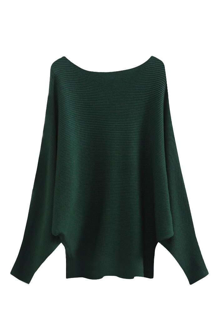 Boat Neck Batwing Sleeves Knit Top in Dark Green