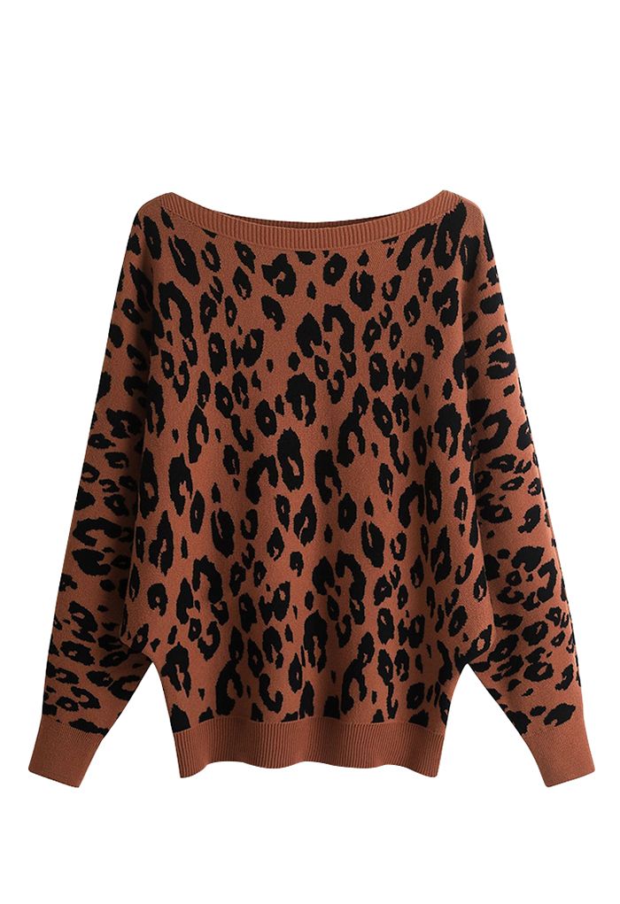 Leopard Jacquard Batwing Sleeve Sweater in Caramel