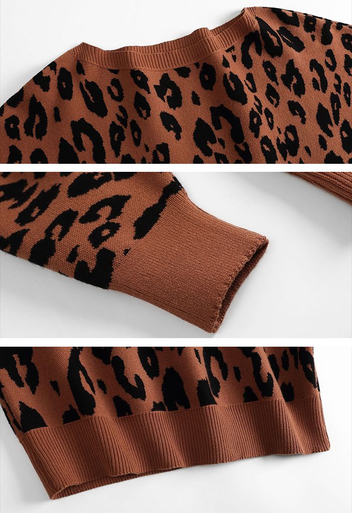 Leopard Jacquard Batwing Sleeve Sweater in Caramel