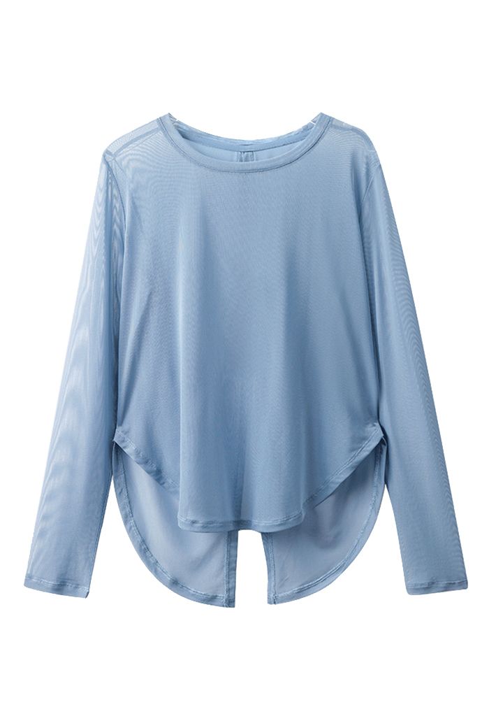 Knotted Back Sheer Mesh Top in Blue