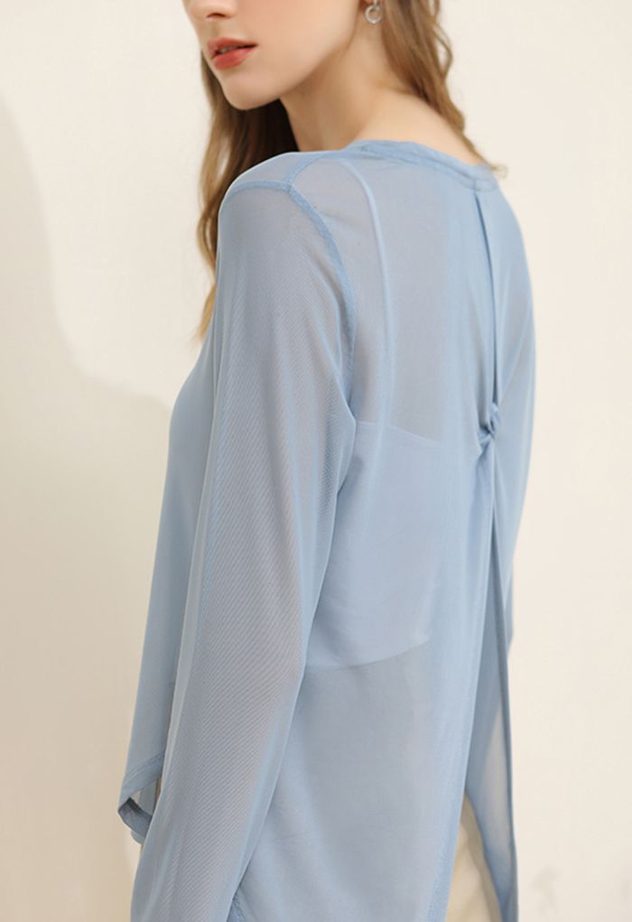 Knotted Back Sheer Mesh Top in Blue