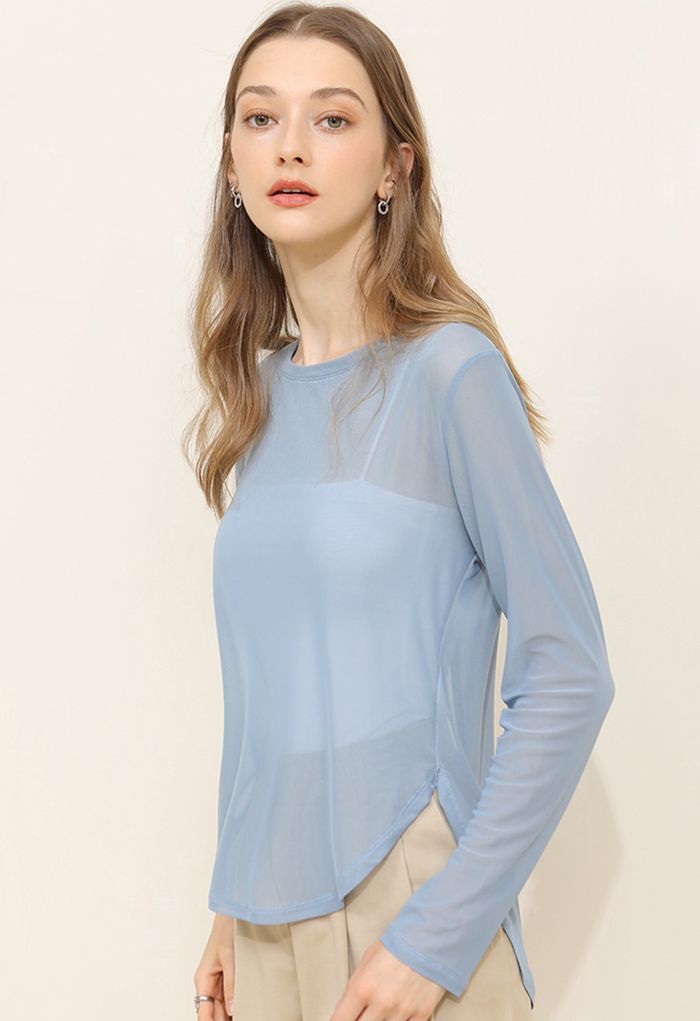 Knotted Back Sheer Mesh Top in Blue