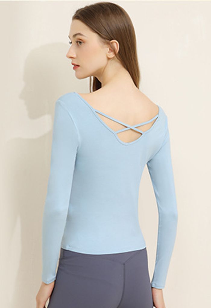 Square Neck Crisscross Back Fitted Top in Blue