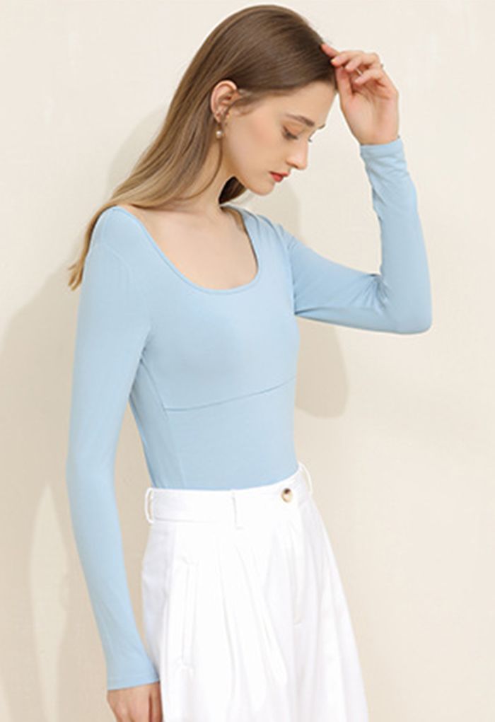 Square Neck Crisscross Back Fitted Top in Blue