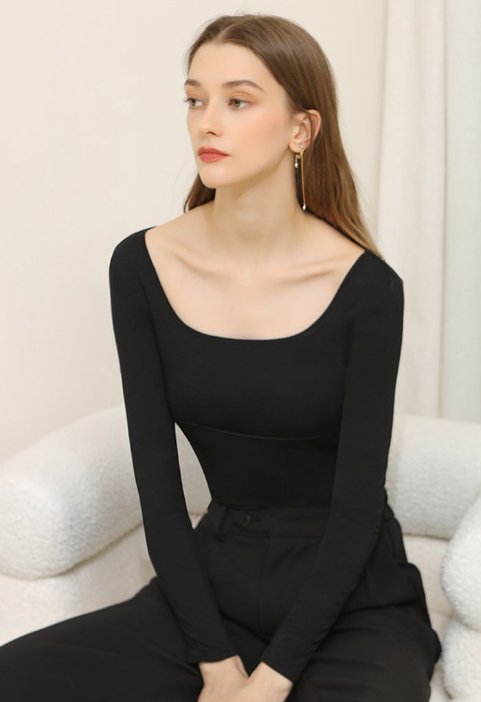 Square Neck Crisscross Back Fitted Top in Black