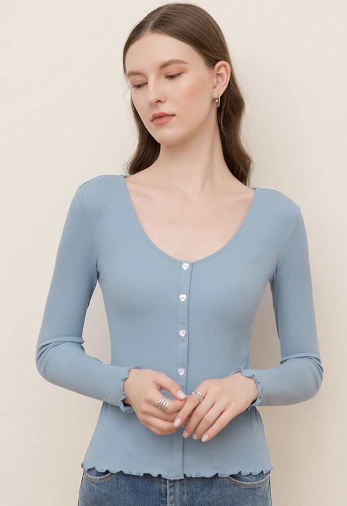 Heart-Shape Button Trim Fitted Top in Blue