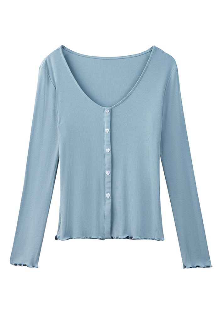 Heart-Shape Button Trim Fitted Top in Blue