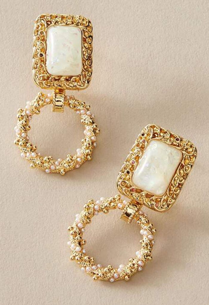 Square Resin Hollow Round Pearl Earrings
