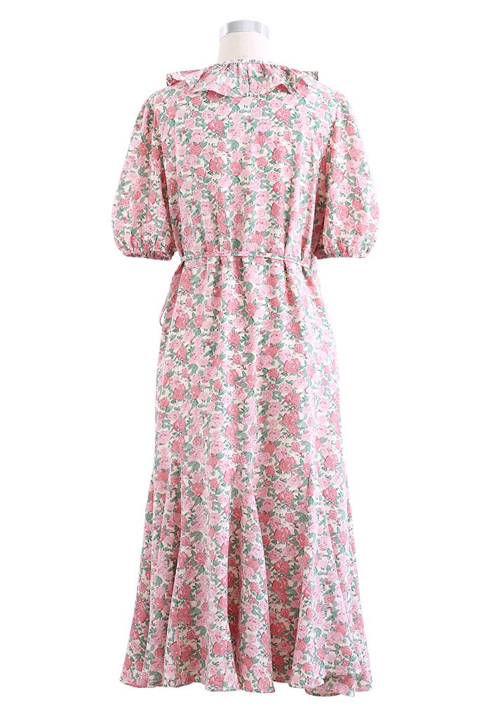 Flower Ruffle Trim Wrapped Dress in Pink
