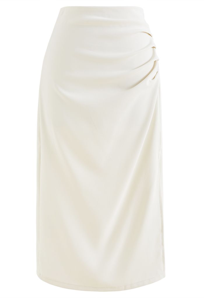 Side Ruched Slit Hem Pencil Skirt in White