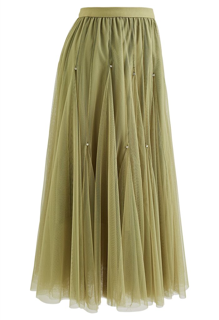 Crystal Embellished Solid Color Tulle Skirt in Moss Green