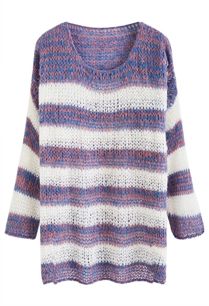 Fuzzy Knit Striped Oversized Sweater in Purple