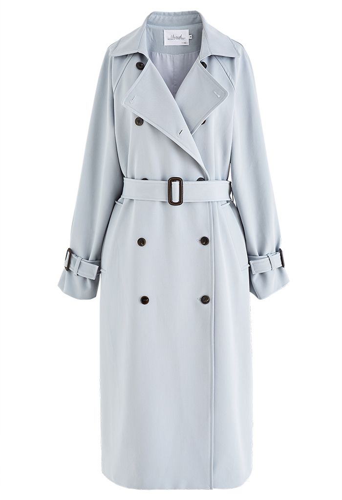 Baby Blue Double-Breasted Belted Trench Coat