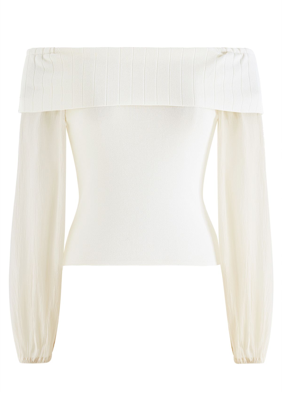 Off-Shoulder Sheer Sleeves Knit Crop Top in Cream