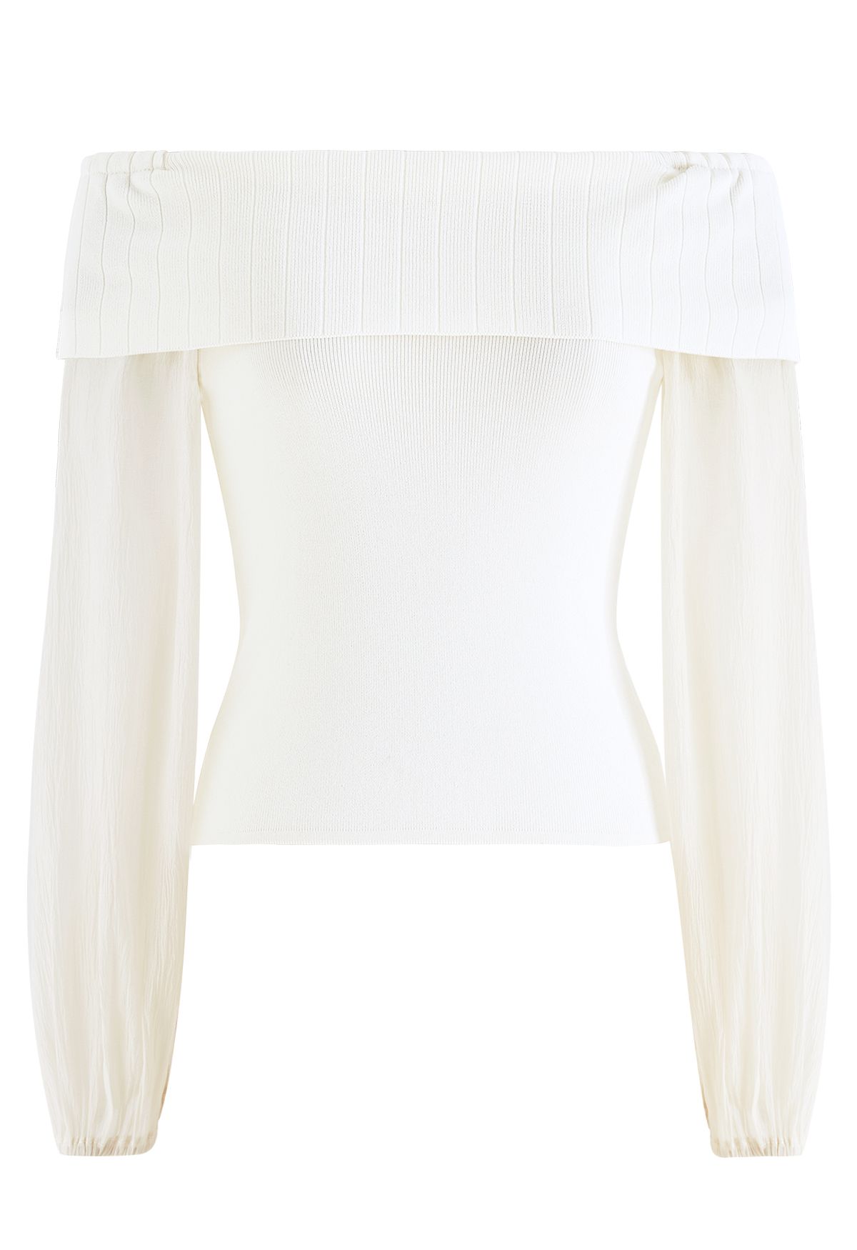 Off-Shoulder Sheer Sleeves Knit Crop Top in Cream