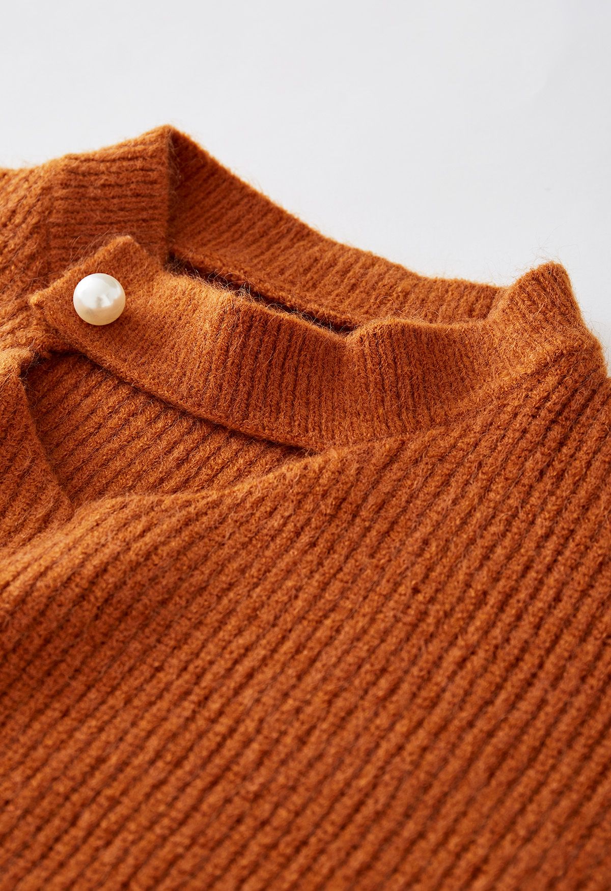 Pearl Decor Choker Neck Ribbed Knit Sweater in Pumpkin