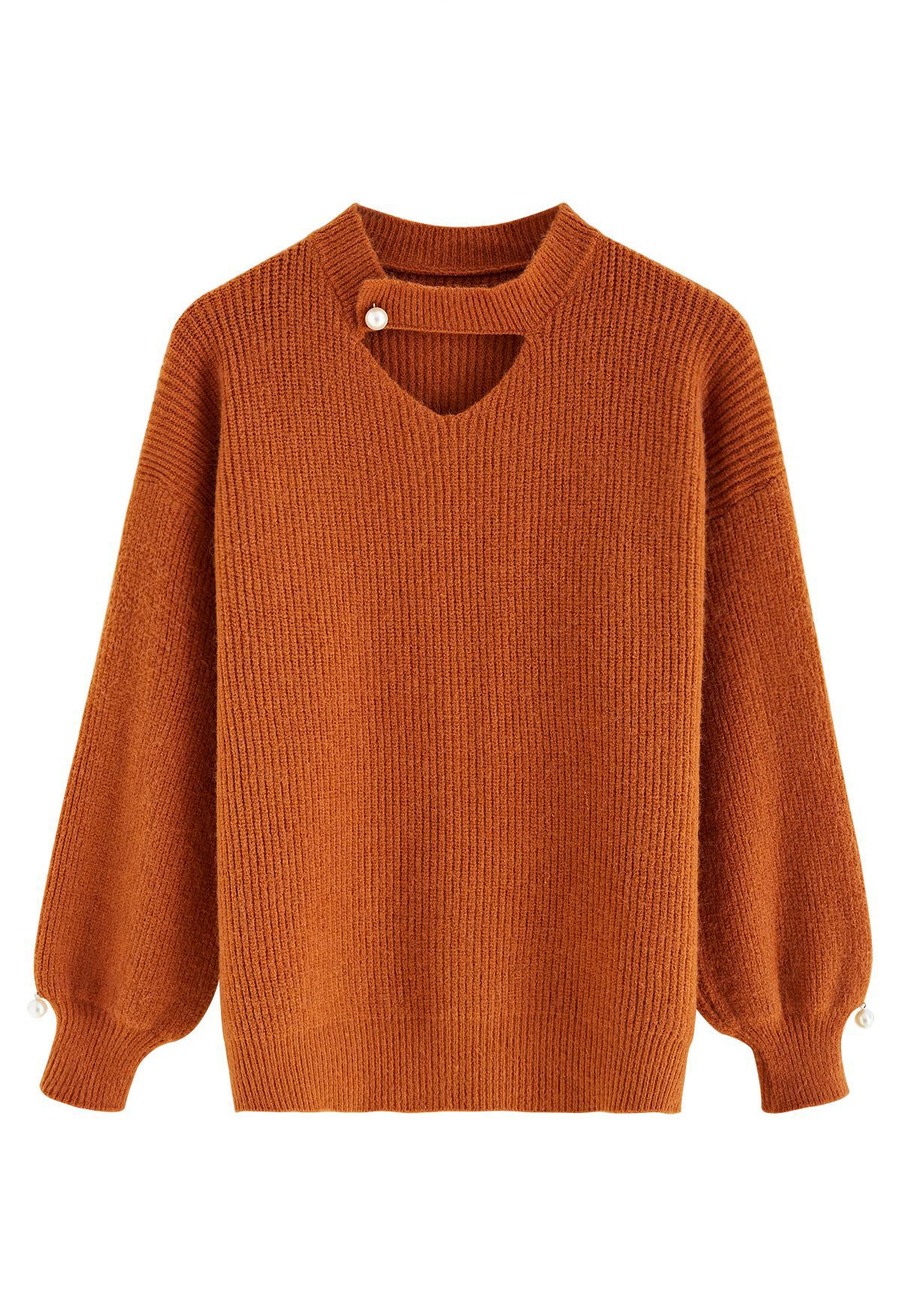 Pearl Decor Choker Neck Ribbed Knit Sweater in Pumpkin