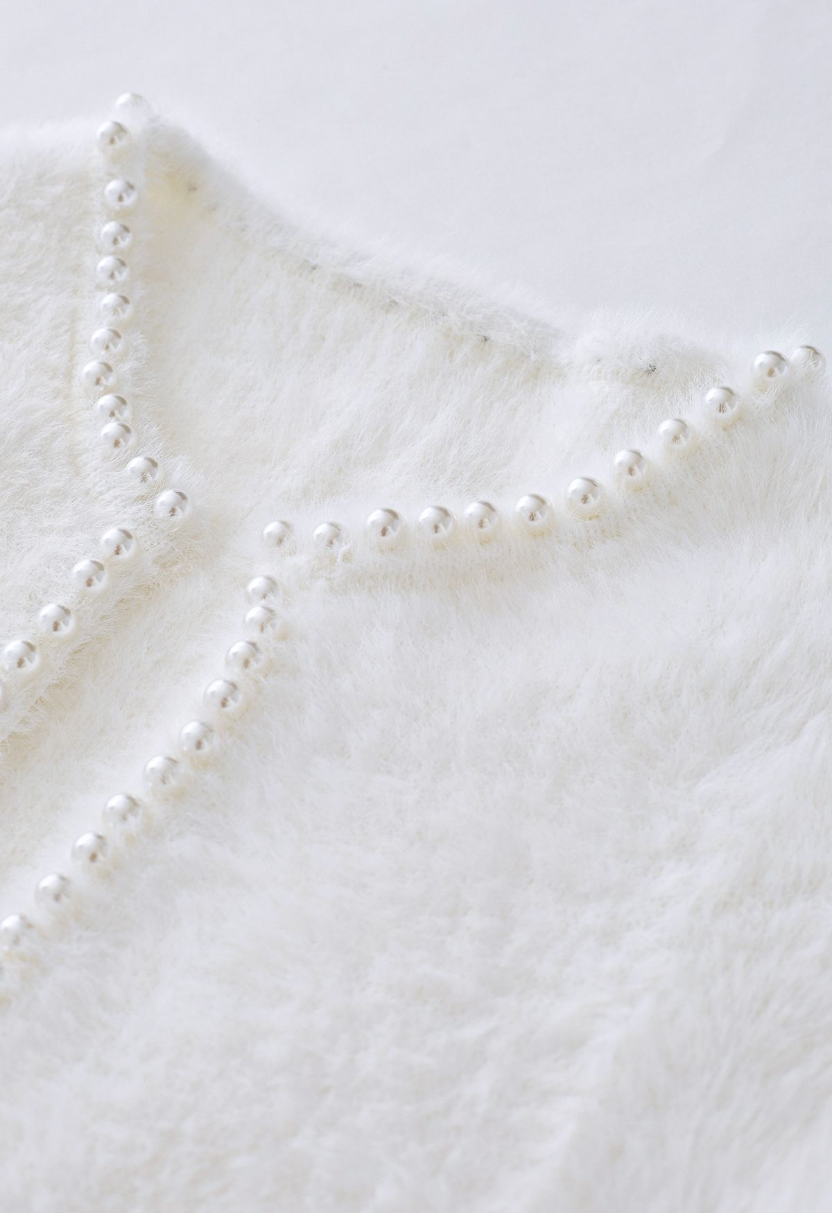 Open Front Pearly Fuzzy Knit Cardigan in White