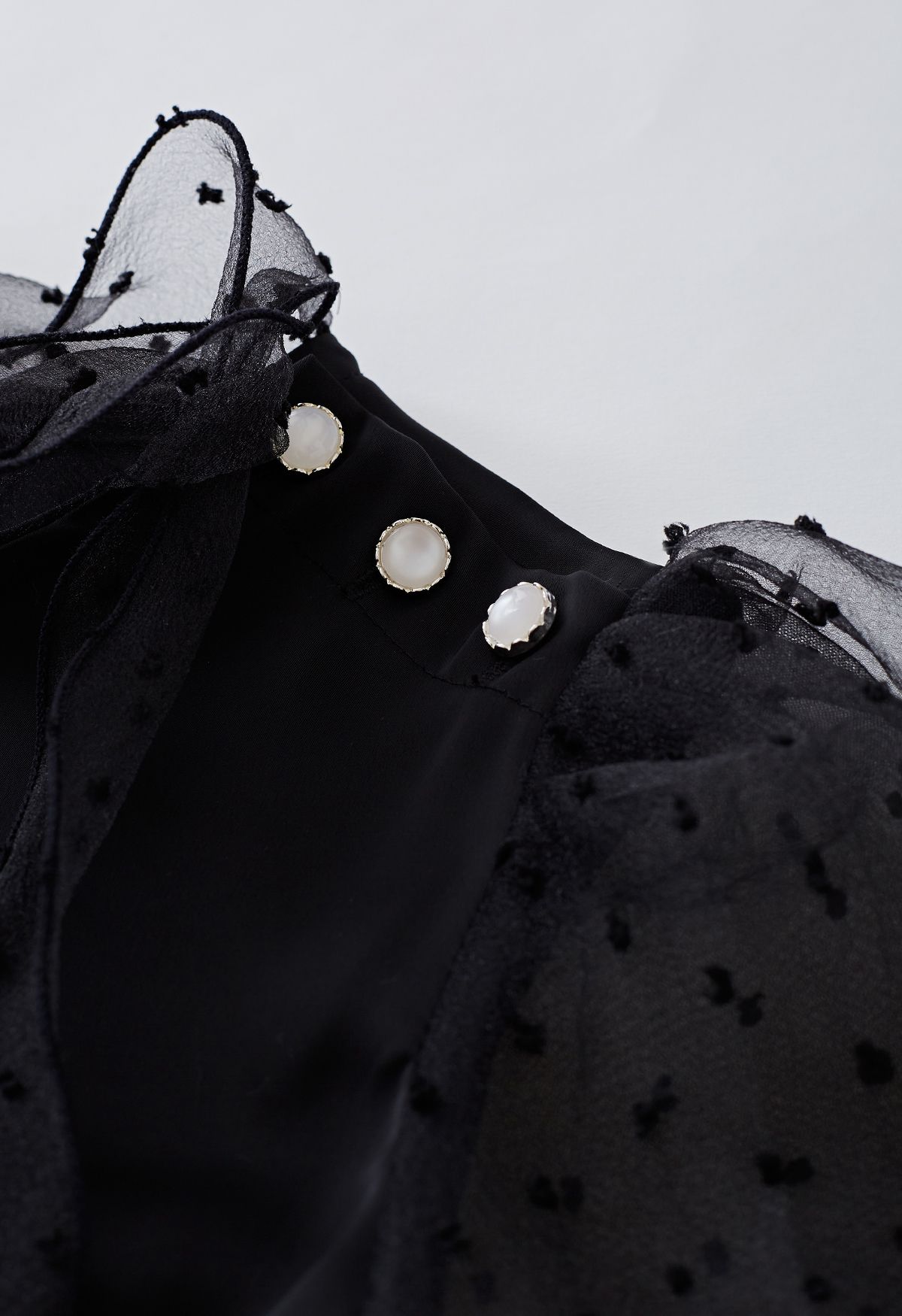 Flock Dots Organza Bubble Sleeve Bowknot Satin Shirt in Black