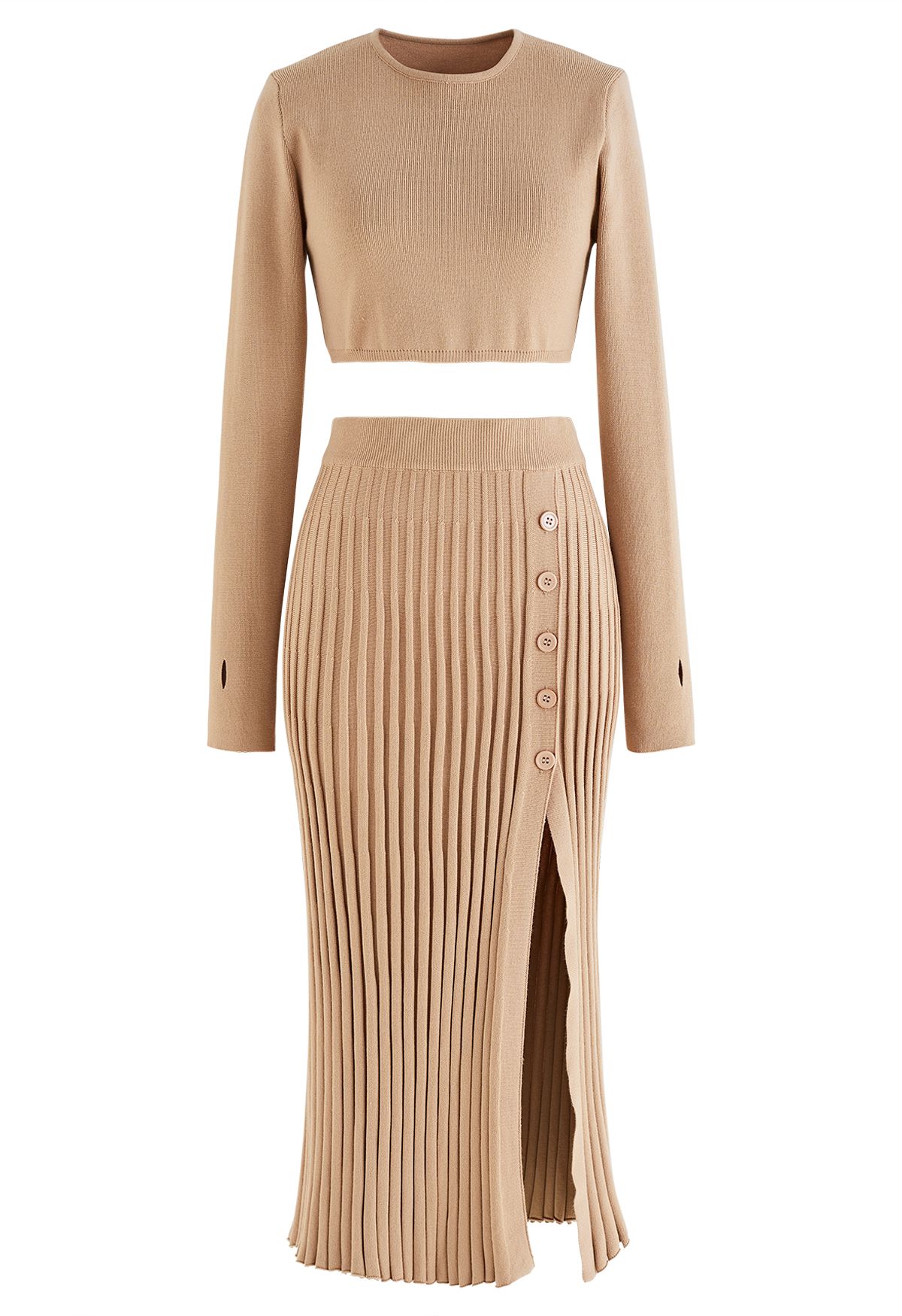 Knitted Crop Top and Buttoned Slit Skirt Set in Apricot