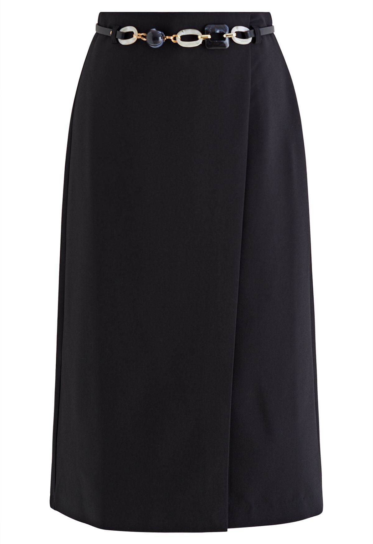 Flap Front Belted Midi Skirt in Black