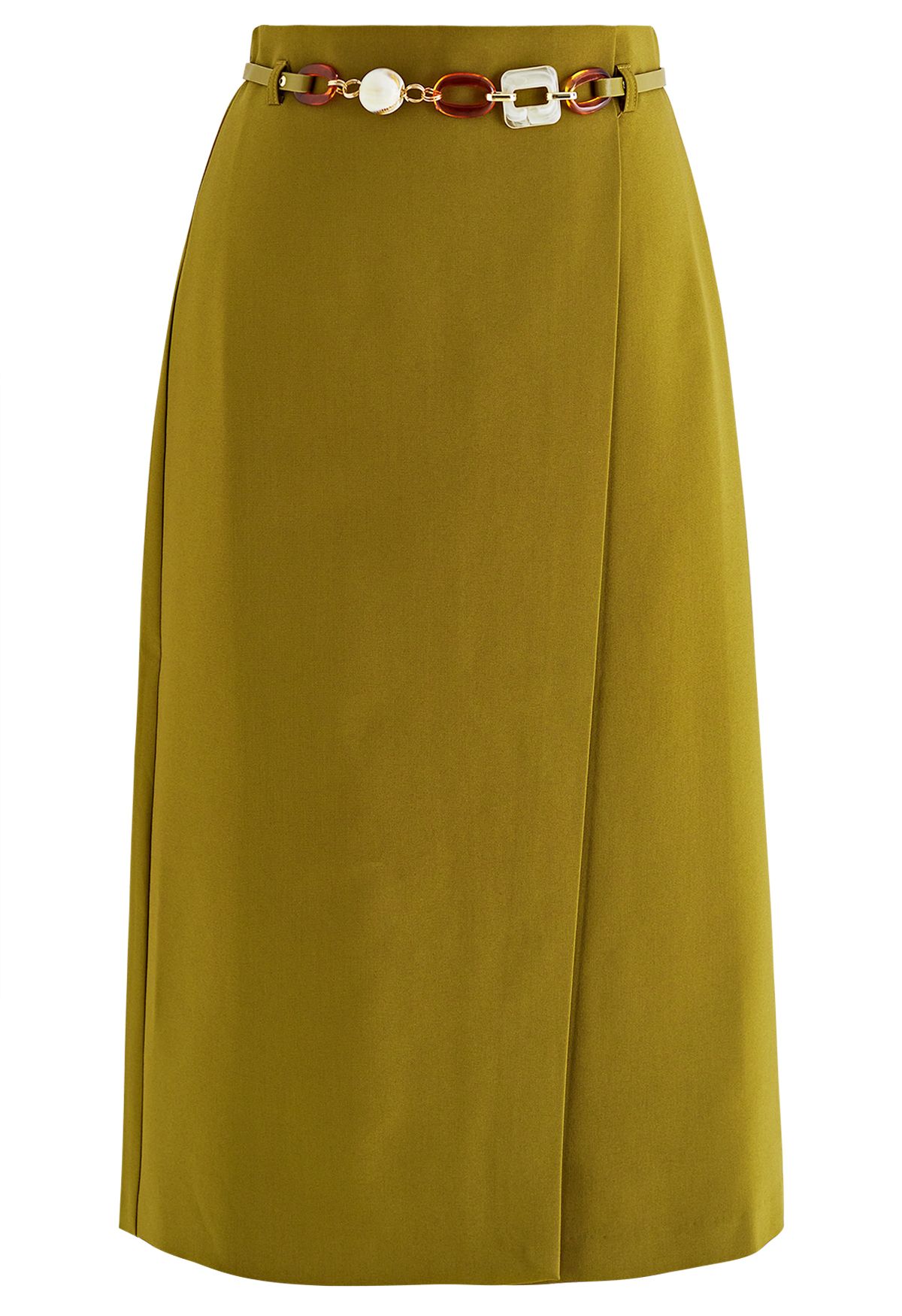 Flap Front Belted Midi Skirt in Mustard