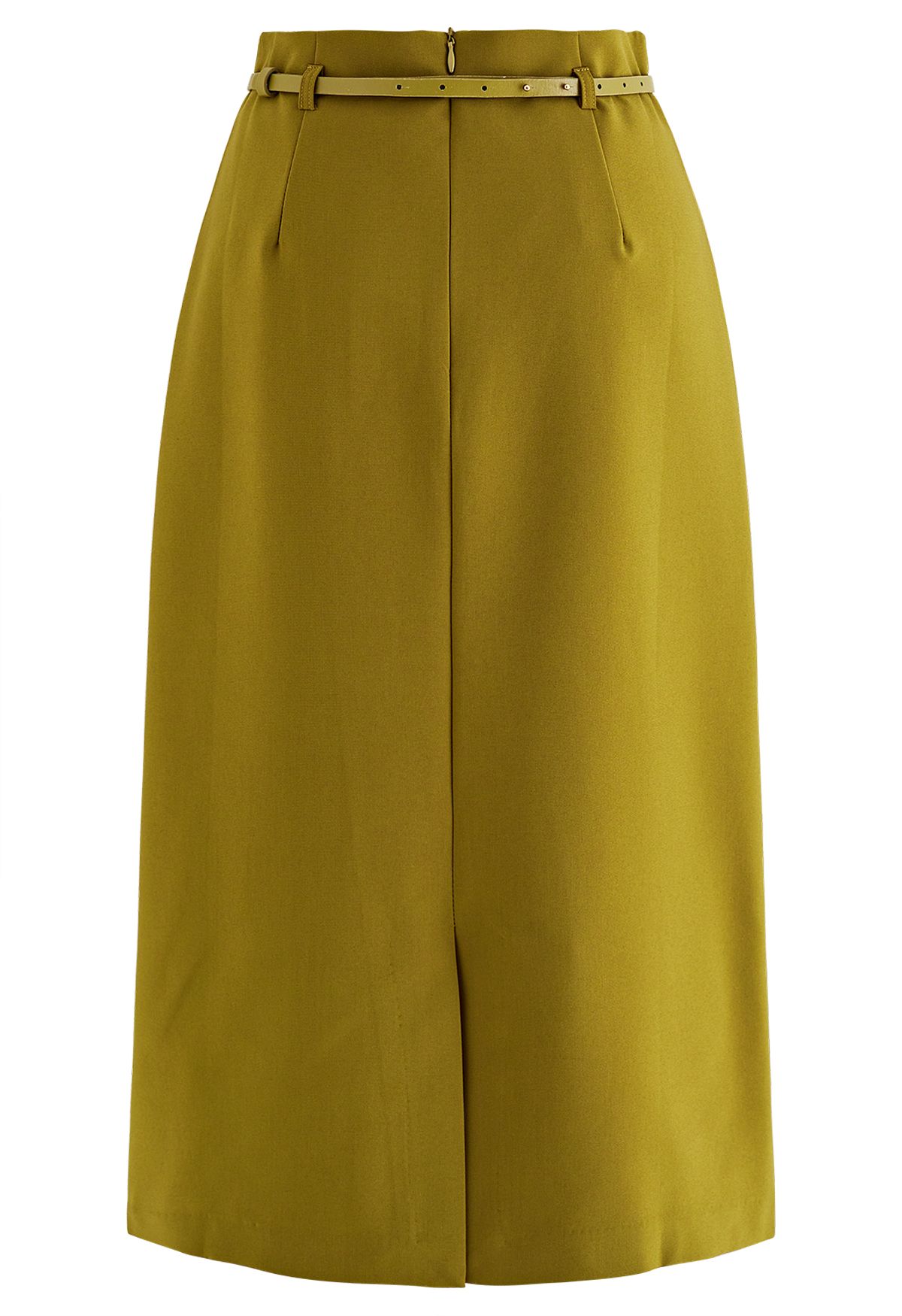 Flap Front Belted Midi Skirt in Mustard