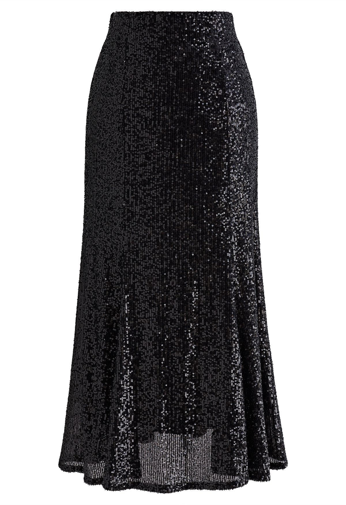 Glitter Sequins Trim Mermaid Midi Skirt in Black