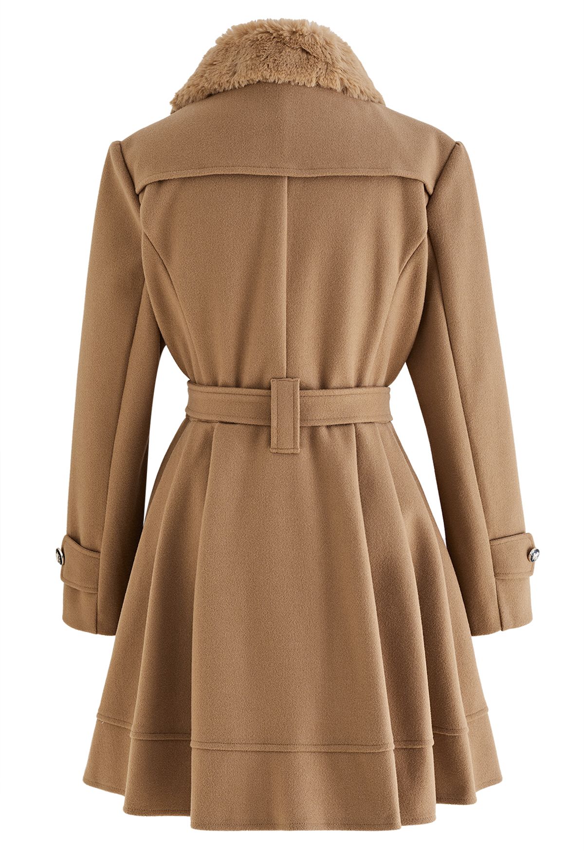 Faux Fur Collar Double-Breasted Skater Coat in Tan