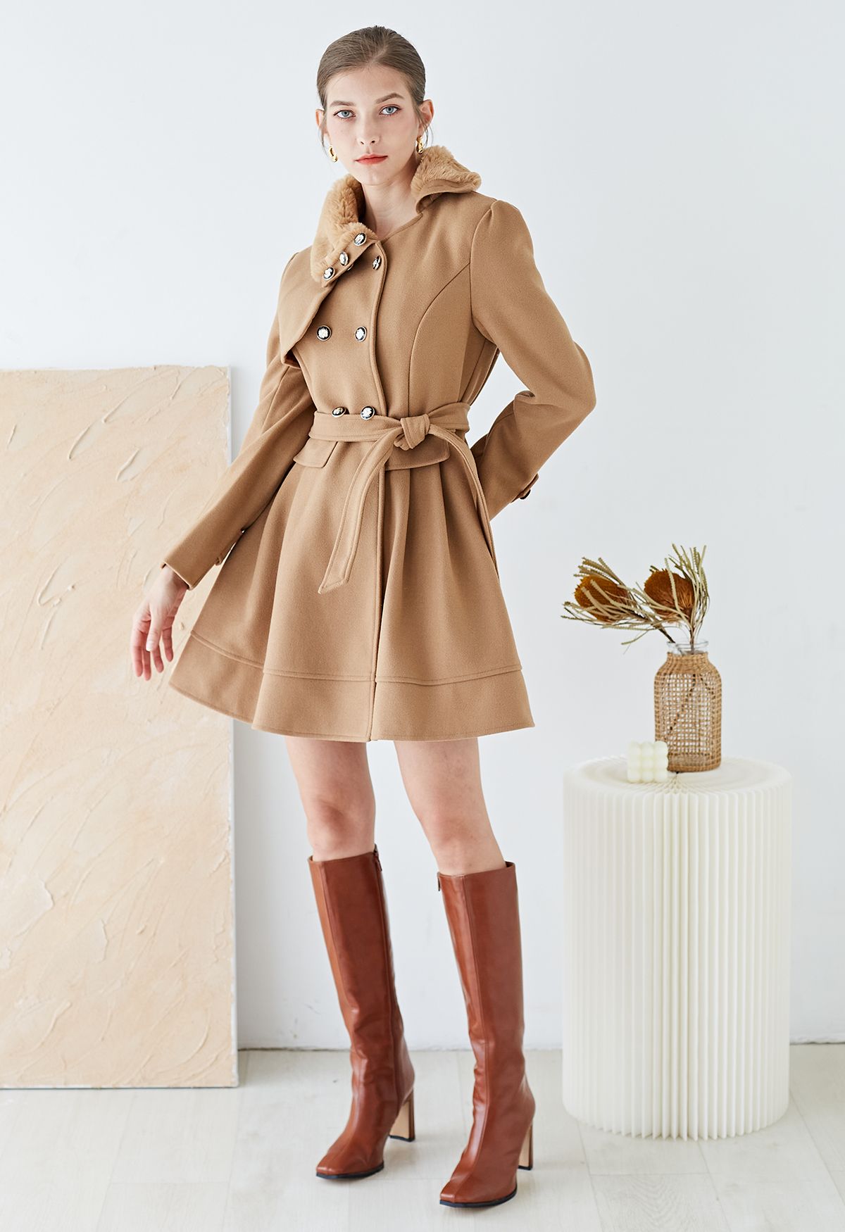 Faux Fur Collar Double-Breasted Skater Coat in Tan