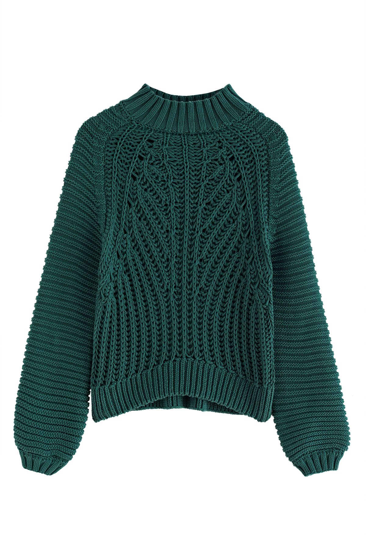 Exaggerated Ribbed High Neck Chunky Knit Crop Sweater in Dark Green