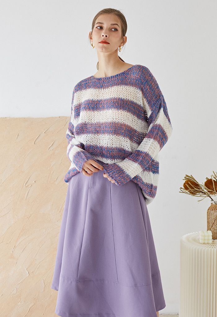 Fuzzy Knit Striped Oversized Sweater in Purple