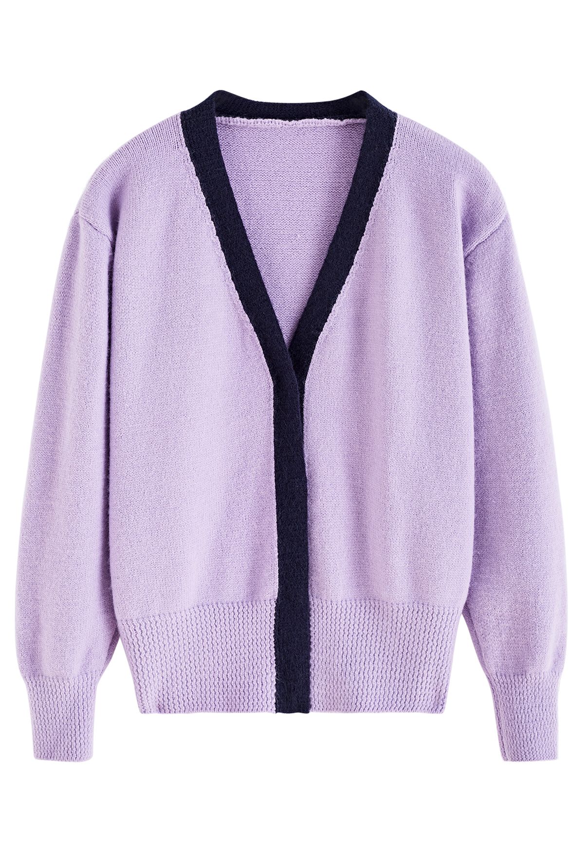 Contrast Edge V-Neck Knit Cardigan in Lilac