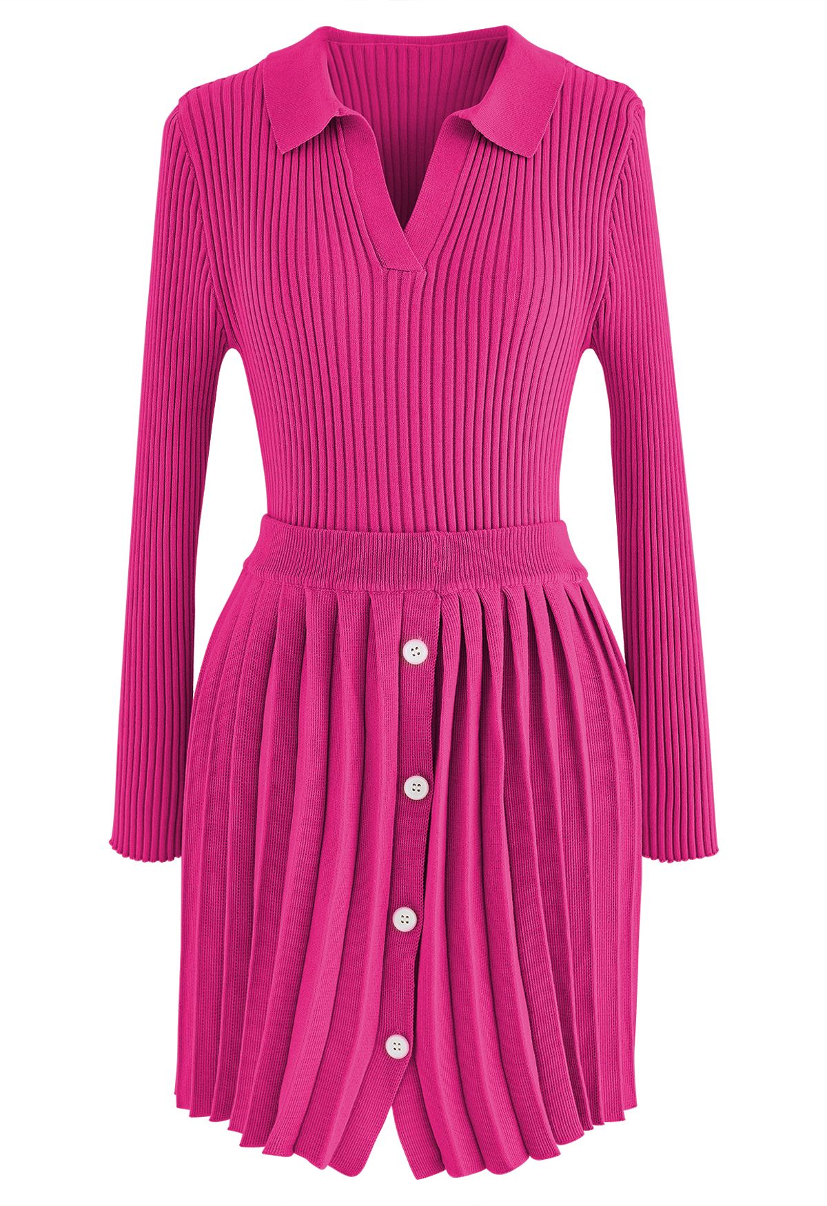 Collared V-Neck Knit Top and Pleated Skirt Set in Hot Pink