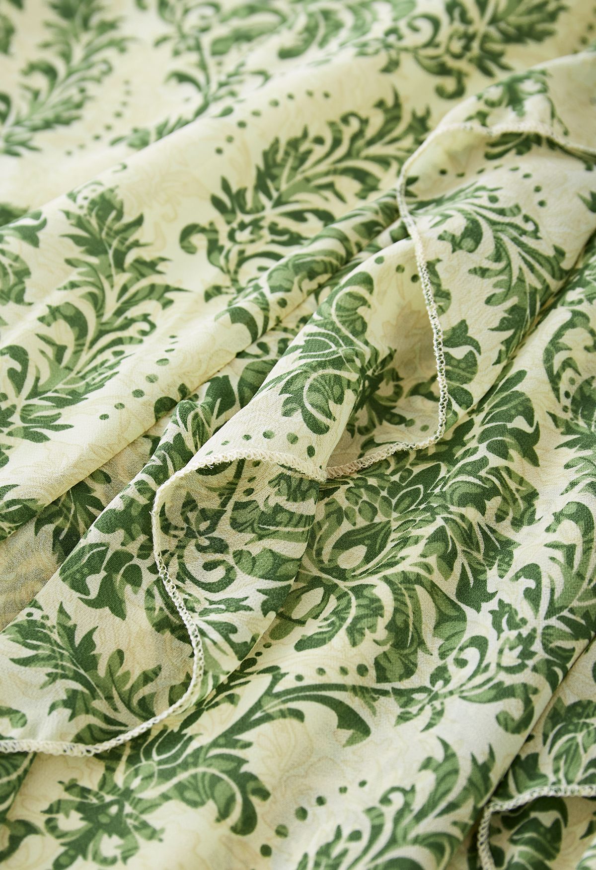 Elegant Floral Ruffle Trim Tie Waist Chiffon Dress in Green