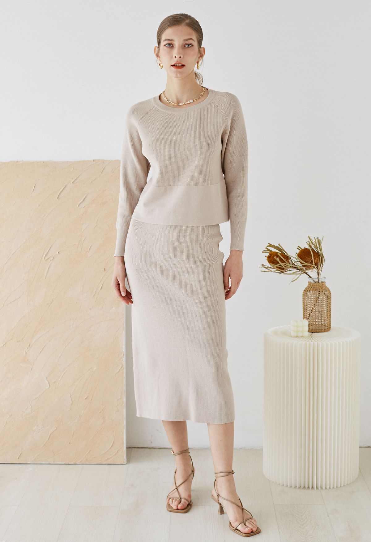 Comfy Ribbed Knit Top and Midi Skirt Set in Linen
