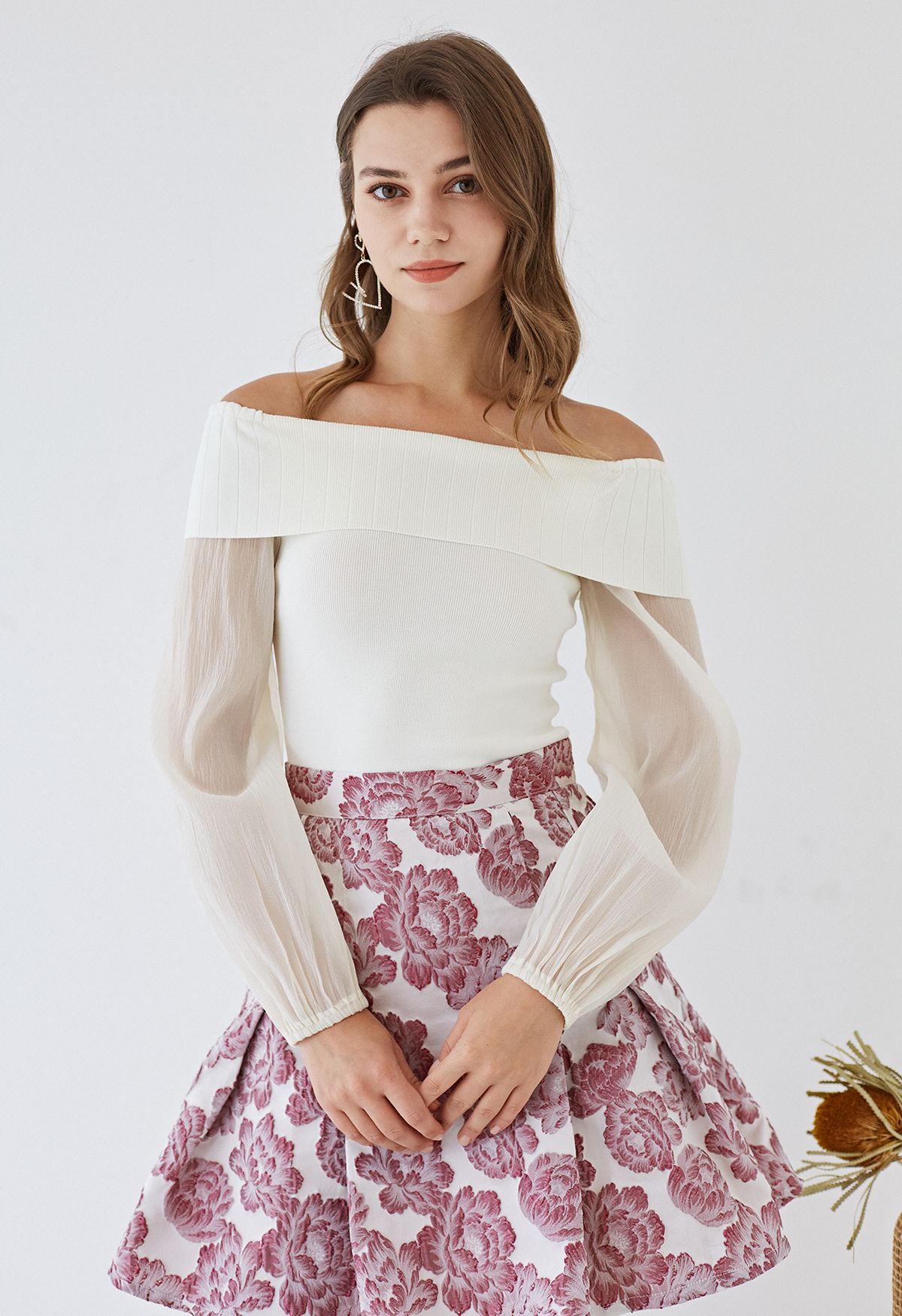 Off-Shoulder Sheer Sleeves Knit Crop Top in Cream