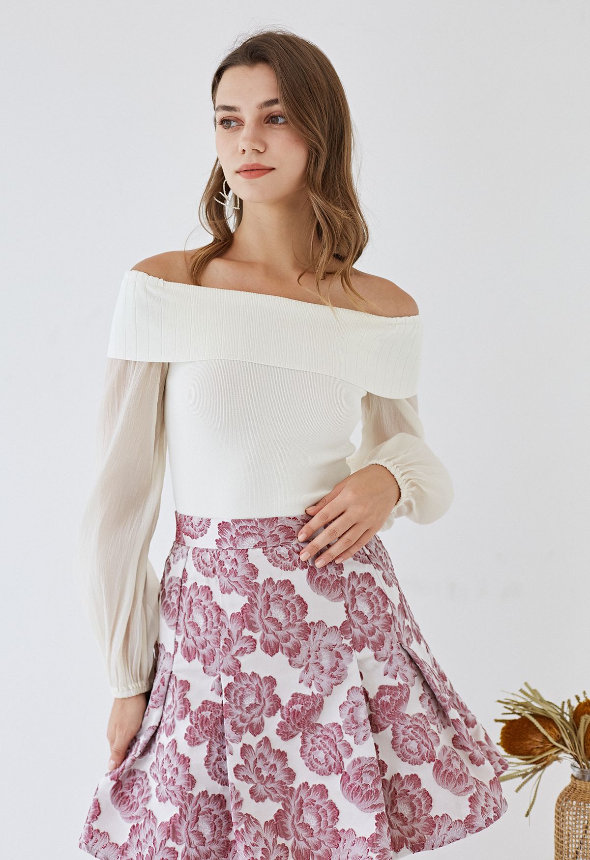 Off-Shoulder Sheer Sleeves Knit Crop Top in Cream