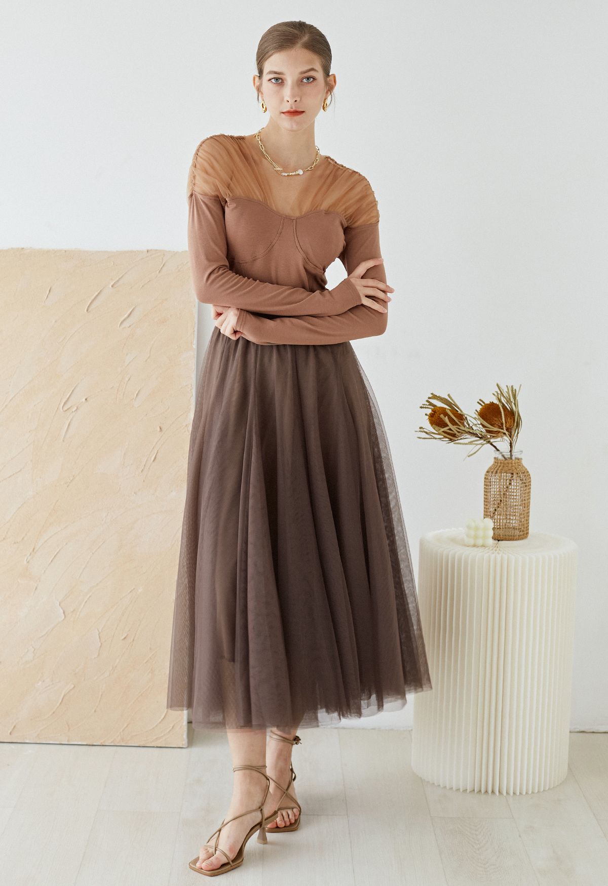 My Secret Garden Tulle Maxi Skirt in Brown