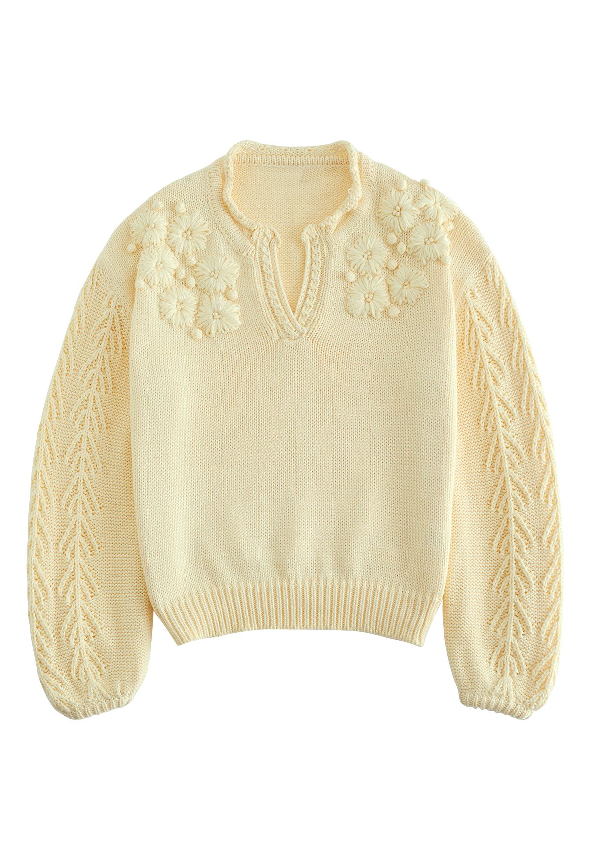 Blooming Passion Floral Stitch V-Neck Knit Sweater in Yellow