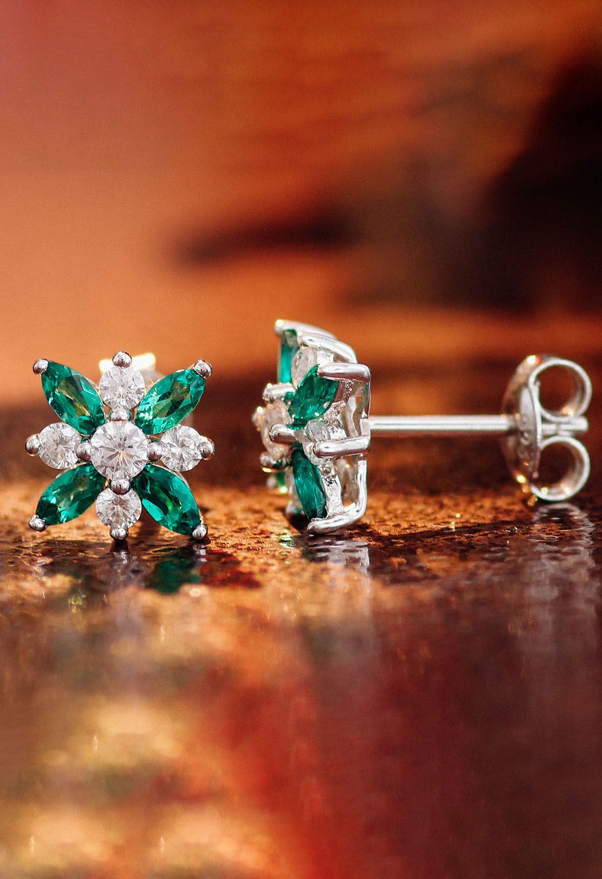 Floral Emerald Gem Diamond Stud Earrings