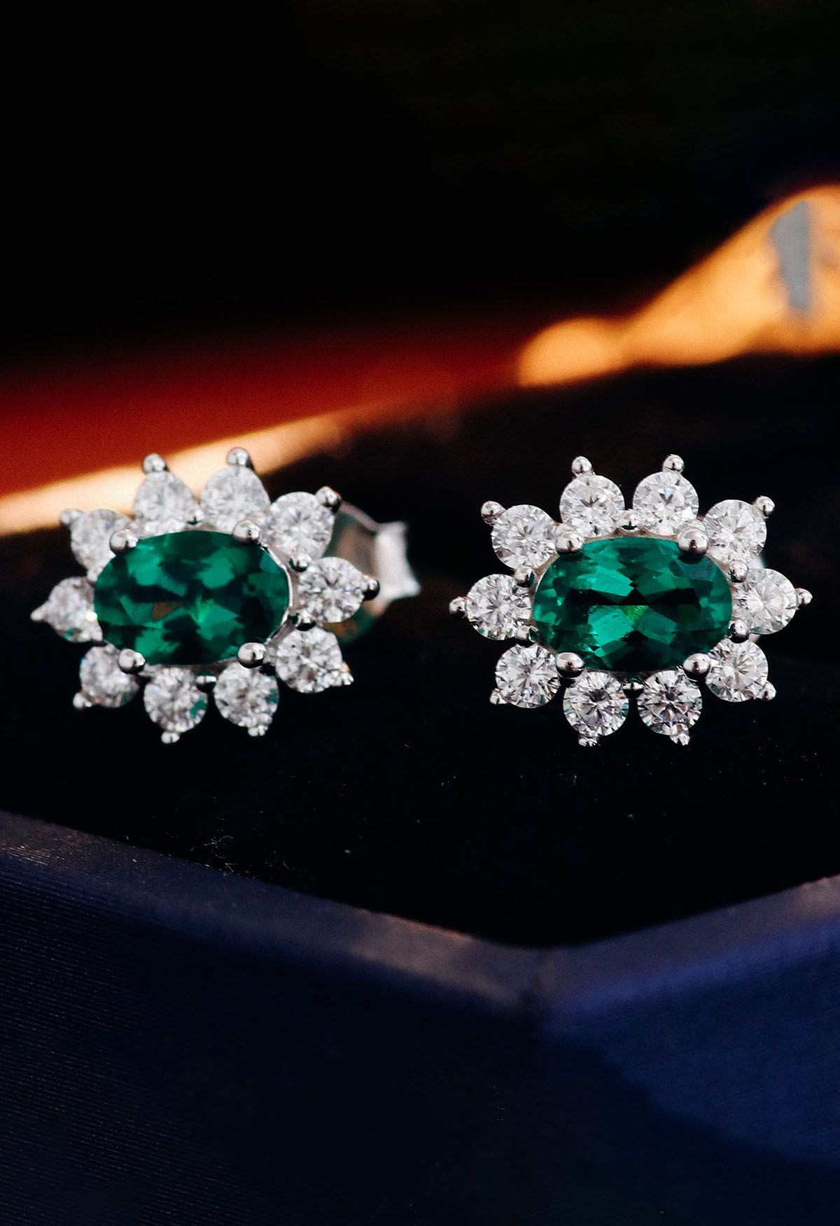 Floral Oval Emerald Gem Stud Earrings