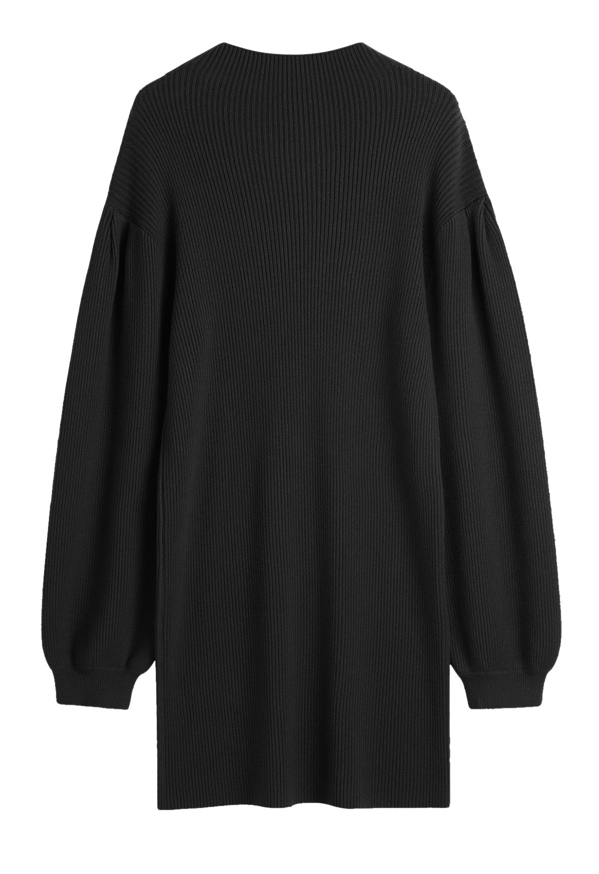 Lantern Sleeve Round Neck Ribbed Sweater Dress in Black